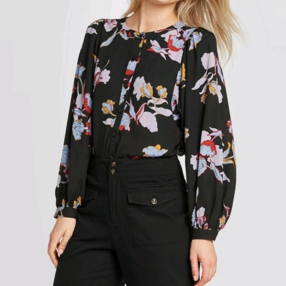 Black Floral Sheer Blouse Size Small